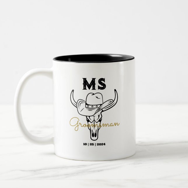 Country Cowboy Personalized Groomsmen Monogram Two-Tone Coffee Mug (Left)