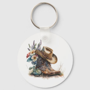 Country Cowgirl Boots Flower Hat Texas Keychain