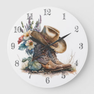 Country Cowgirl Boots Flower Hat Texas Large Clock