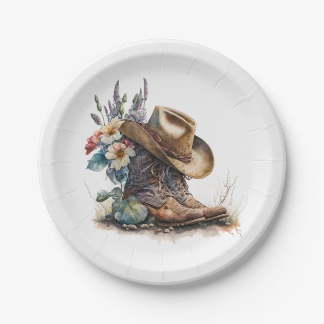Country Cowgirl Boots Flower Hat Texas Paper Plates (Front)