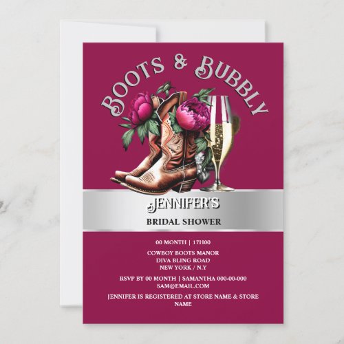 Country cowgirl boots magental floral bubbly glam invitation