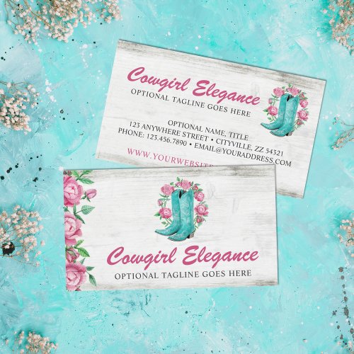 Country Cowgirl Boots  Shabby Roses Rustic Wood Business Card