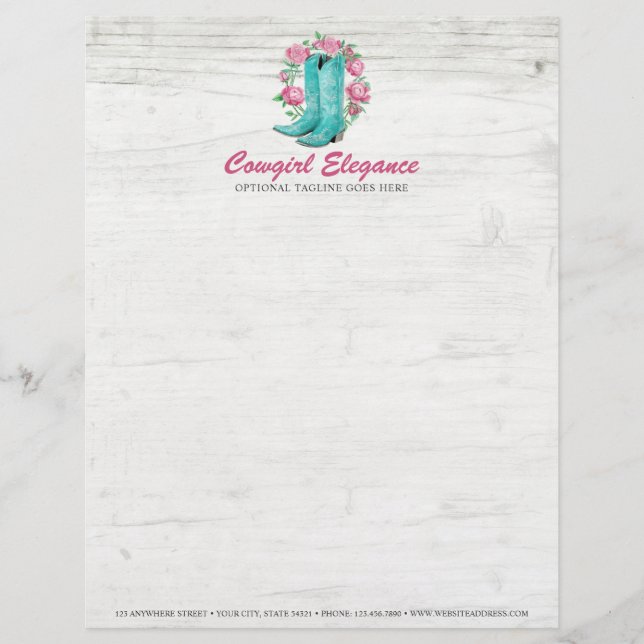 Country Cowgirl Boots & Shabby Roses Rustic Wood Letterhead (Front)