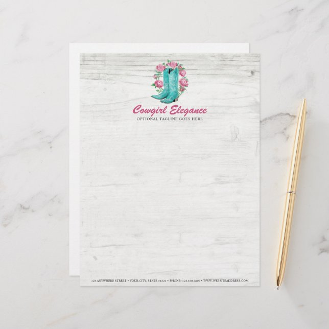Country Cowgirl Boots & Shabby Roses Rustic Wood Letterhead (Front/Back In Situ)