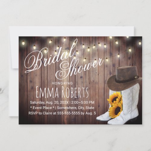 Country Cowgirl Boots  Sunflowers Bridal Shower Invitation