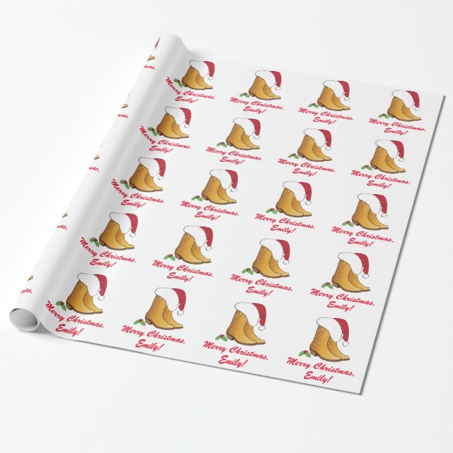 Country Cowgirl Hat Boots Christmas Customizable Wrapping Paper (Unrolled)