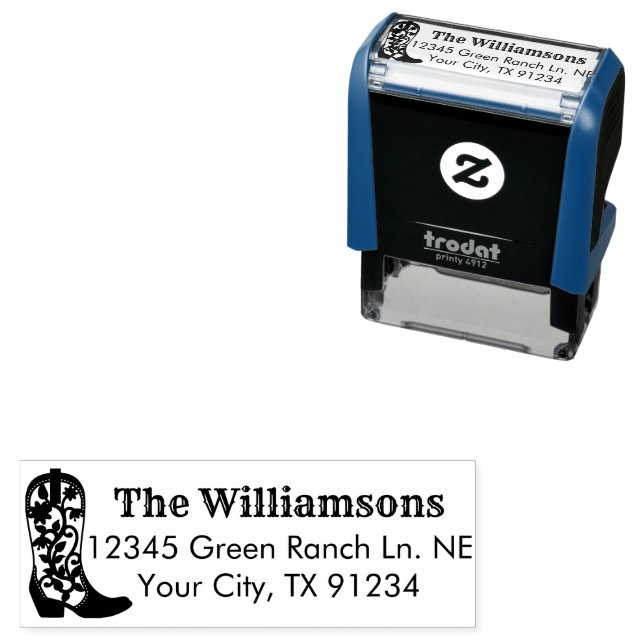 Country Cowgirl Riding Ornate Boot Return Address Self-inking Stamp (In Situ)