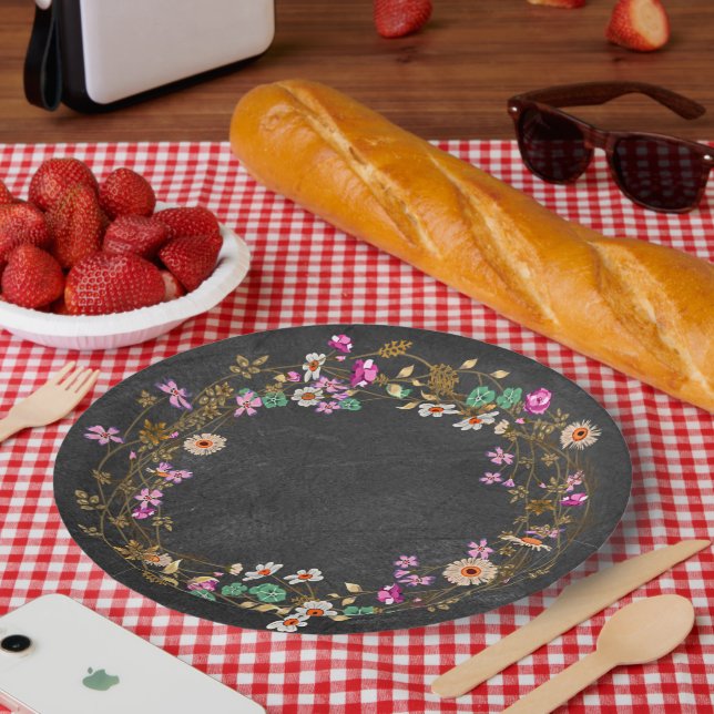 Country Cowgirl Style Floral Wreath Art Motif Paper Plates (Picnic)