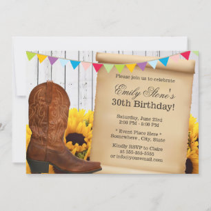 Country Cowgirl & Sunflowers Wood Birthday Party Invitation