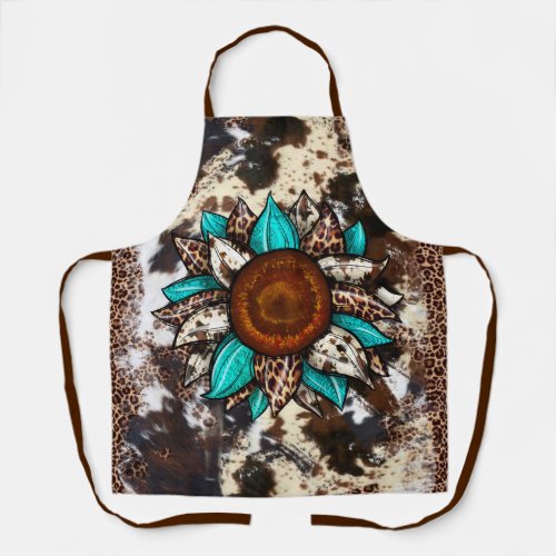 Country Cowhide and Leopard Print Turquoise Flower Apron