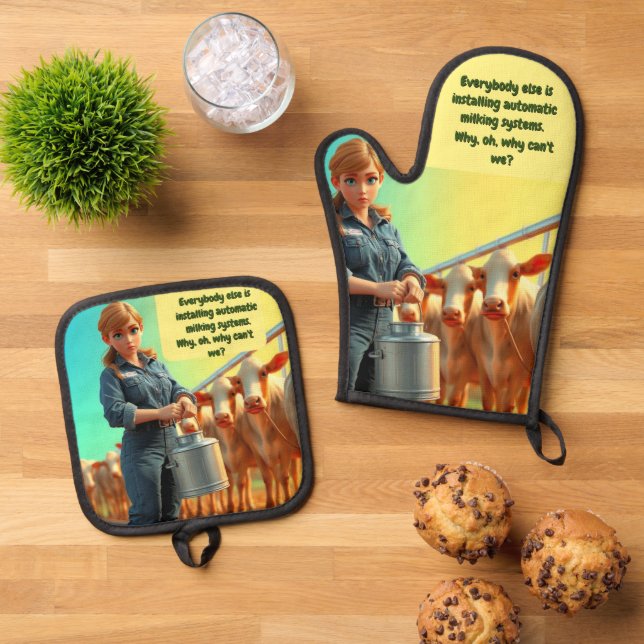 Country Cozy Milking Oven Mitt and Pot Holder Set (Top Down)