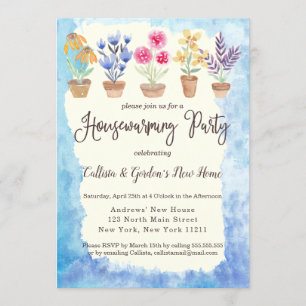 Country Cute Watercolor Potted Plants Housewarming Invitation