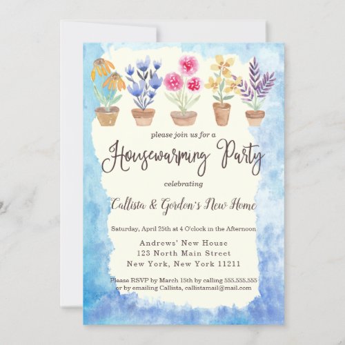 Country Cute Watercolor Potted Plants Housewarming Invitation