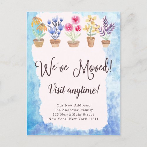 Country Cute Watercolor Potted Plants New Address Announcement Postcard