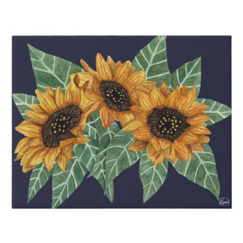 Country Cute Yellow Navy Sunflowers Watercolor Art Faux Canvas Print