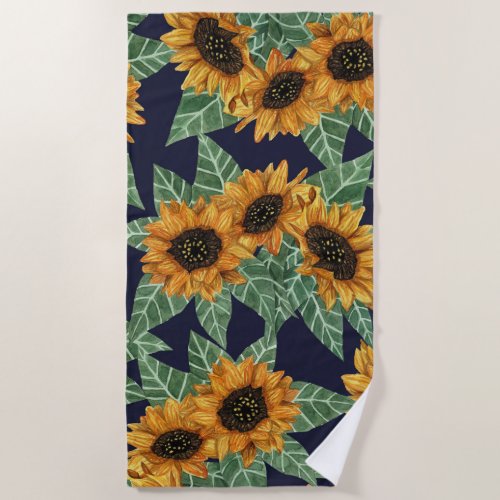 Country Cute Yellow Navy Sunflowers Watercolor Beach Towel