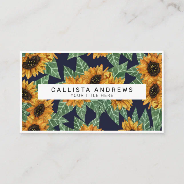 Country Cute Yellow Navy Sunflowers Watercolor Business Card | Zazzle
