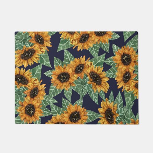 Country Cute Yellow Navy Sunflowers Watercolor Doormat