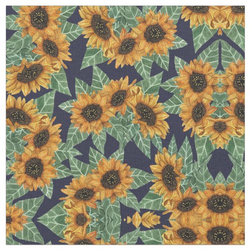 Country Cute Yellow Navy Sunflowers Watercolor Fabric