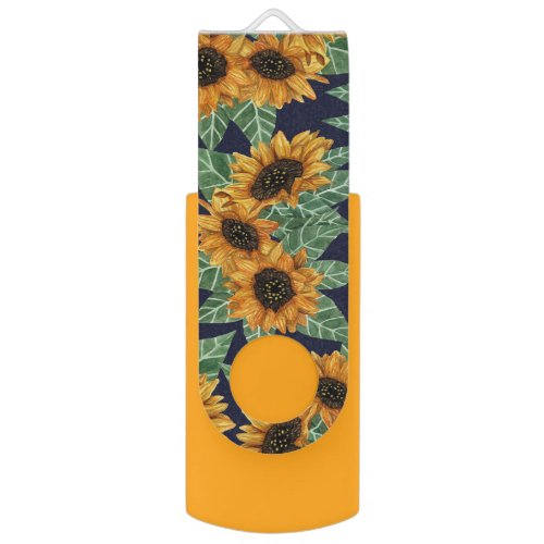 Country Cute Yellow Navy Sunflowers Watercolor Flash Drive