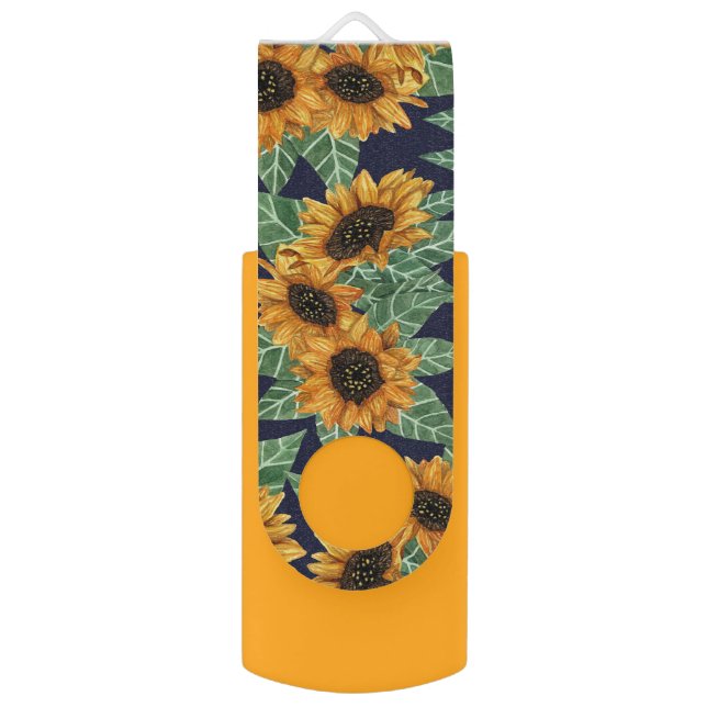 Country Cute Yellow Navy Sunflowers Watercolor Flash Drive (Front Vertical)