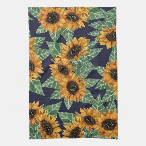 Country Cute Yellow Navy Sunflowers Watercolor Kitchen Towel