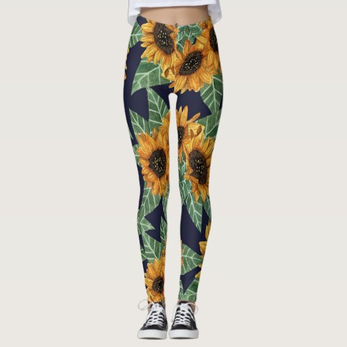 Country Cute Yellow Navy Sunflowers Watercolor Leggings