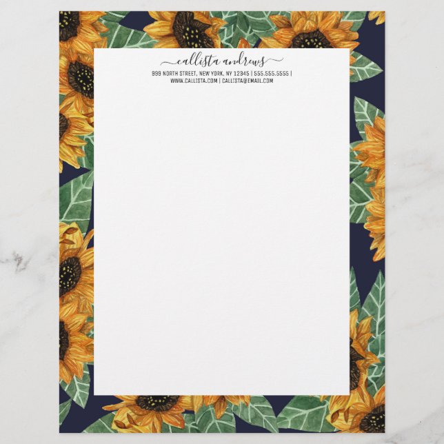 Country Cute Yellow Navy Sunflowers Watercolor Letterhead (Front)