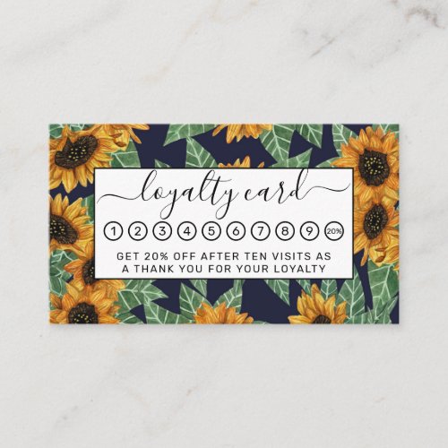 Country Cute Yellow Navy Sunflowers Watercolor Loyalty Card