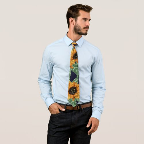Country Cute Yellow Navy Sunflowers Watercolor Neck Tie