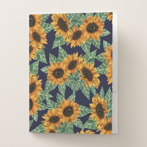 Country Cute Yellow Navy Sunflowers Watercolor Pocket Folder