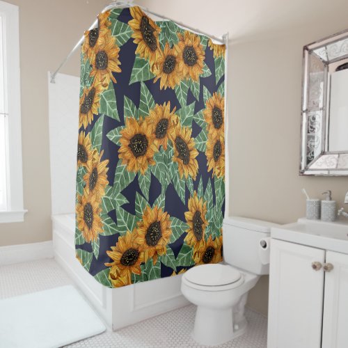 Country Cute Yellow Navy Sunflowers Watercolor Shower Curtain