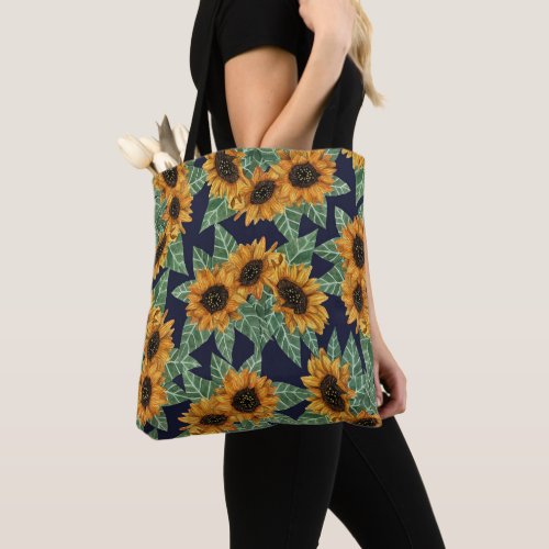 Country Cute Yellow Navy Sunflowers Watercolor Tote Bag
