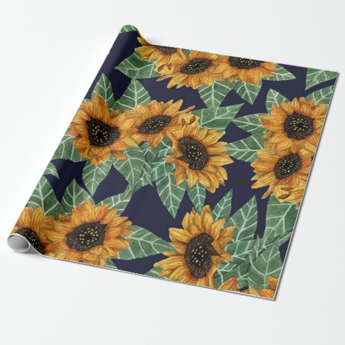 Country Cute Yellow Navy Sunflowers Watercolor Wrapping Paper