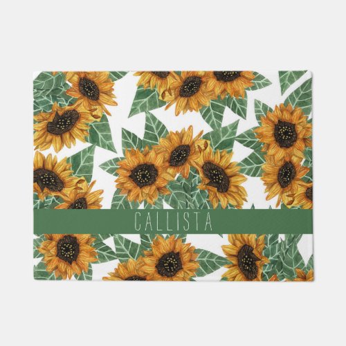 Country Cute Yellow Sunflowers Watercolor Monogram Doormat