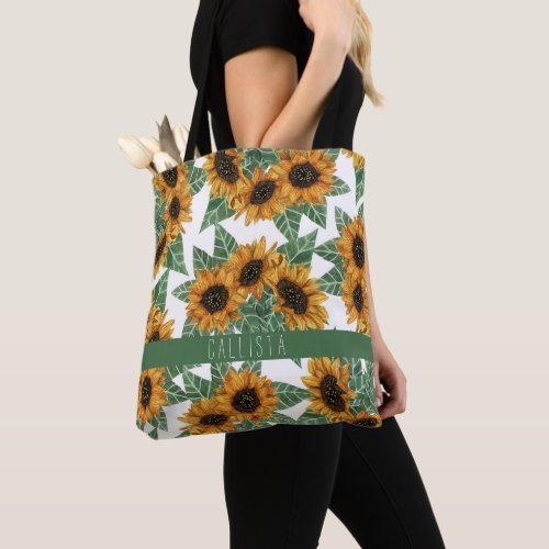 Country Cute Yellow Sunflowers Watercolor Monogram Tote Bag