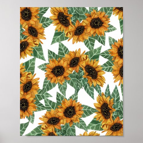 Country Cute Yellow Sunflowers Watercolor Pattern Poster