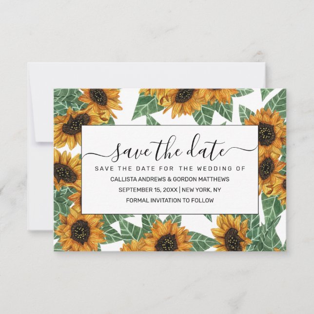 Country Cute Yellow Sunflowers Watercolor Pattern Save The Date (Front)