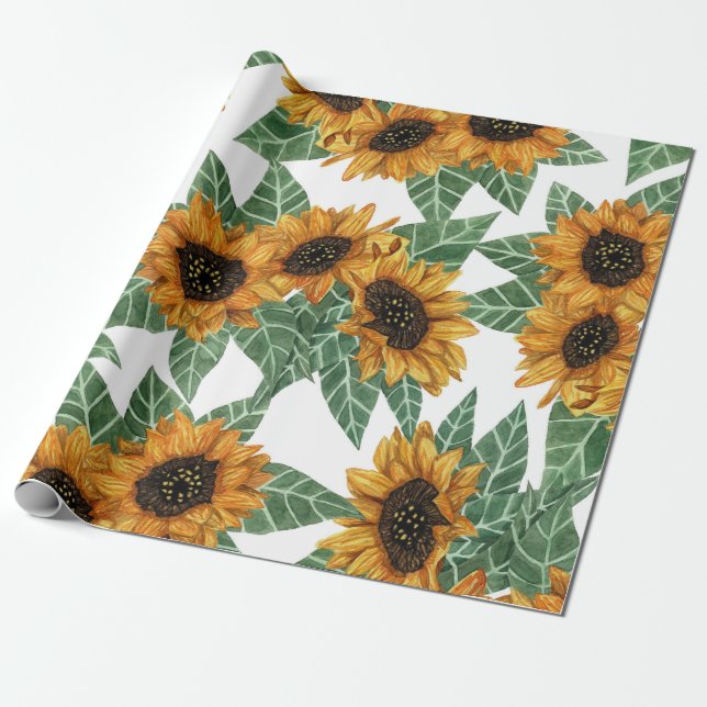Country Cute Yellow Sunflowers Watercolor Pattern Wrapping Paper (Unrolled)