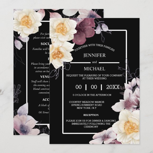 Country daffodil dark moody botanical floral invitation (Front/Back)