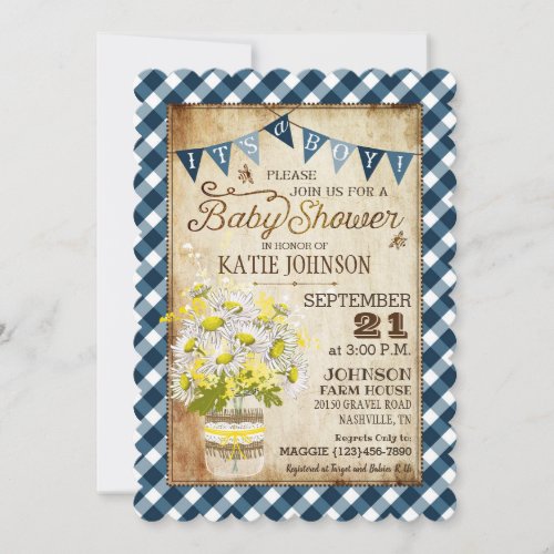 Country Daisies Gingham Check Boy Baby Shower Invitation