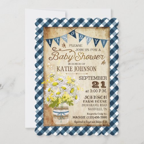Country Daisies Gingham Check Boy Baby Shower Invitation