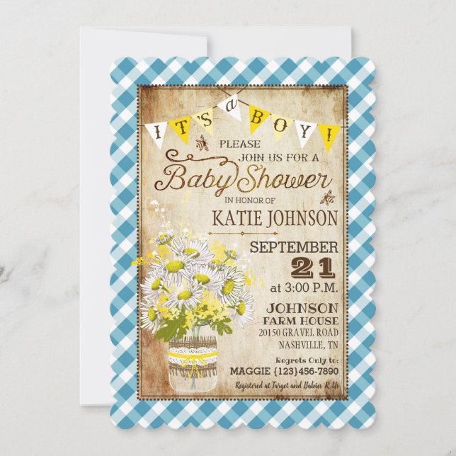 Country Daisies Gingham Check Boy Baby Shower Invitation (Front)