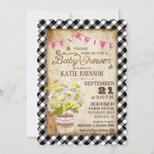 Country Daisies Gingham Check Girl Baby Shower Invitation