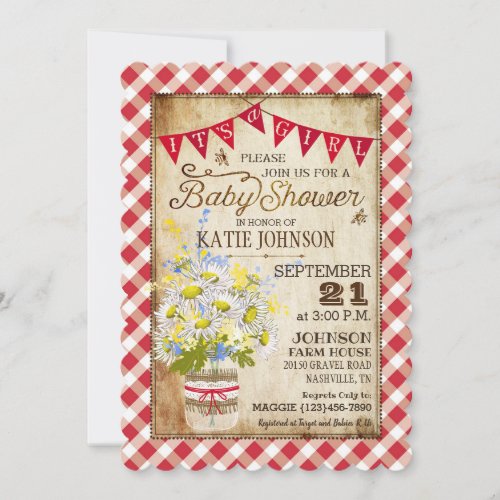 Country Daisies Gingham Check Girl Baby Shower Invitation