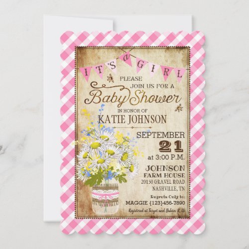 Country Daisies Gingham Check Girl Baby Shower Invitation