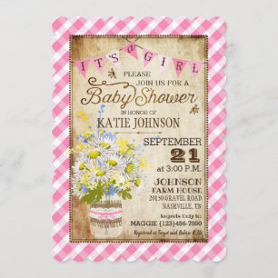 Country Daisies Gingham Check Girl Baby Shower Invitation