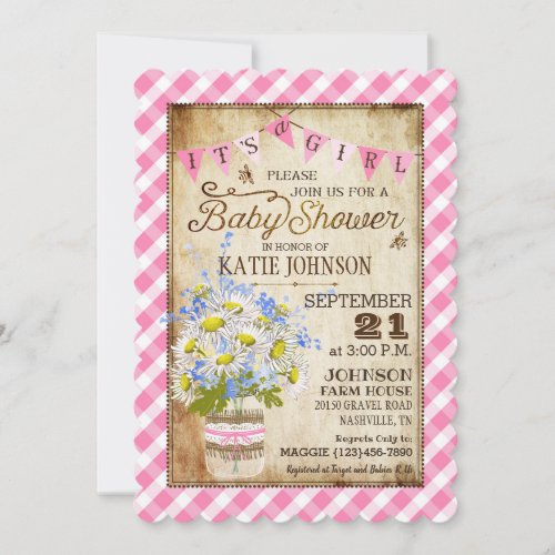 Country Daisies Gingham Check Girl Baby Shower Invitation