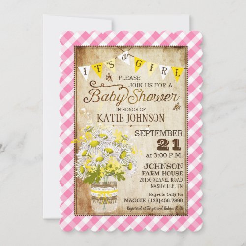 Country Daisies Gingham Check Girl Baby Shower Invitation