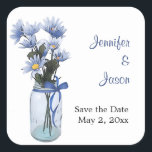 Country Daisies Mason Jar - Save the Date Stickers<br><div class="desc">Pretty blue daisies in a blue mason jar with blue bow illustration. Perfect for your country wedding,  save the date or other event. Text is customizable for other occasions. Also have other matching items in my "Wedding" catagory.</div>